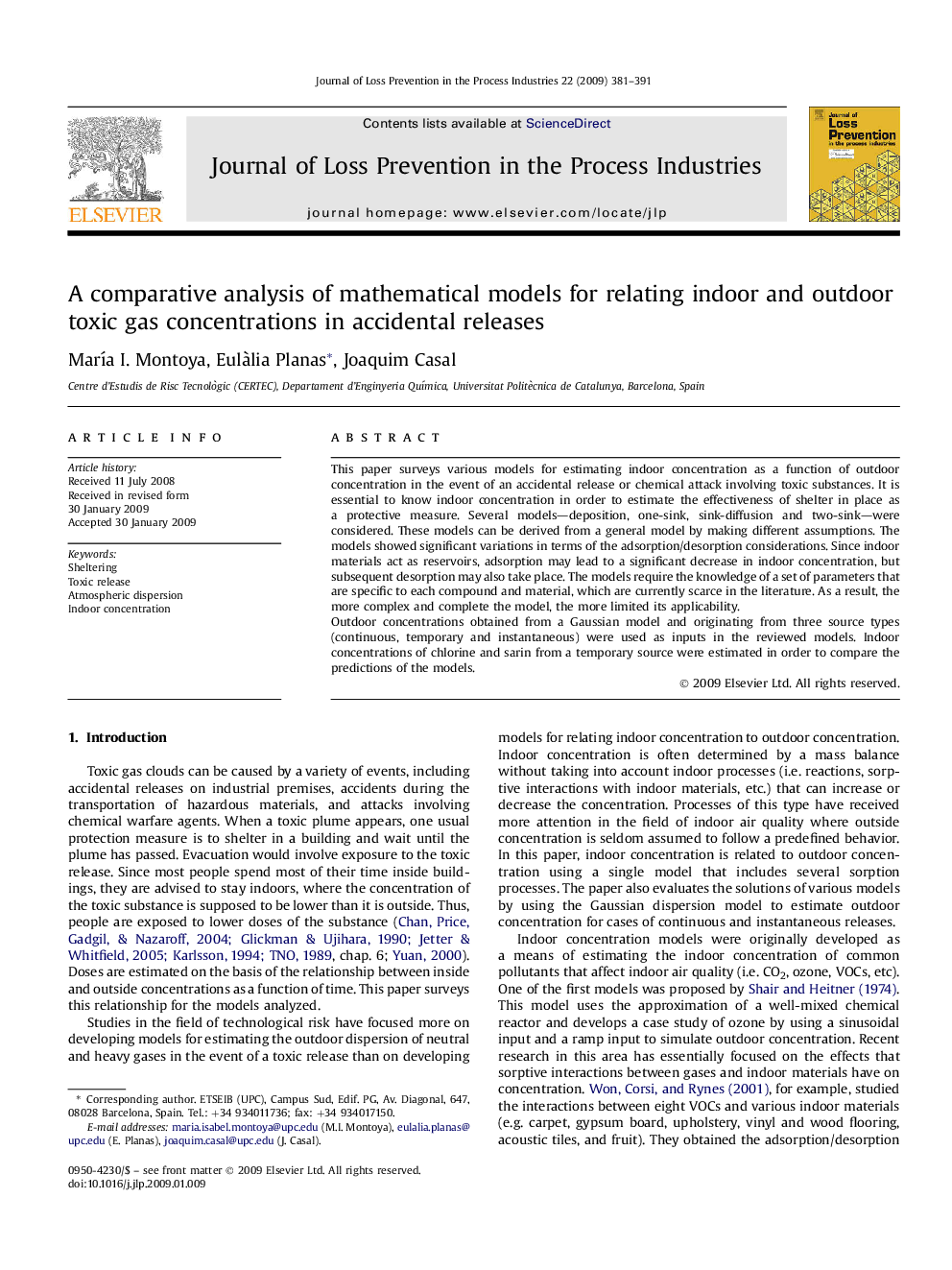 A comparative analysis of mathematical models for relating indoor and outdoor toxic gas concentrations in accidental releases