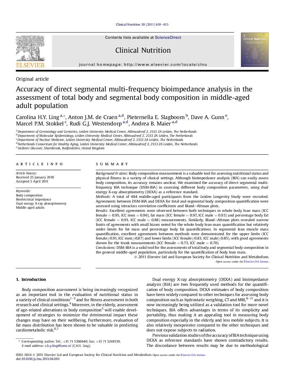 Original articleAccuracy of direct segmental multi-frequency bioimpedance analysis in the assessment of total body and segmental body composition in middle-aged adult population