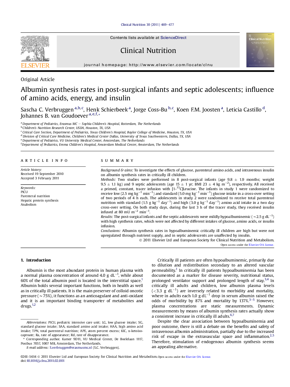 Albumin synthesis rates in post-surgical infants and septic adolescents; influence of amino acids, energy, and insulin