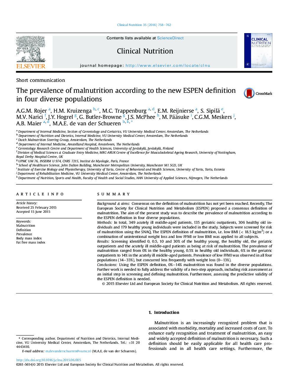 Short communicationThe prevalence of malnutrition according to the new ESPEN definition in four diverse populations