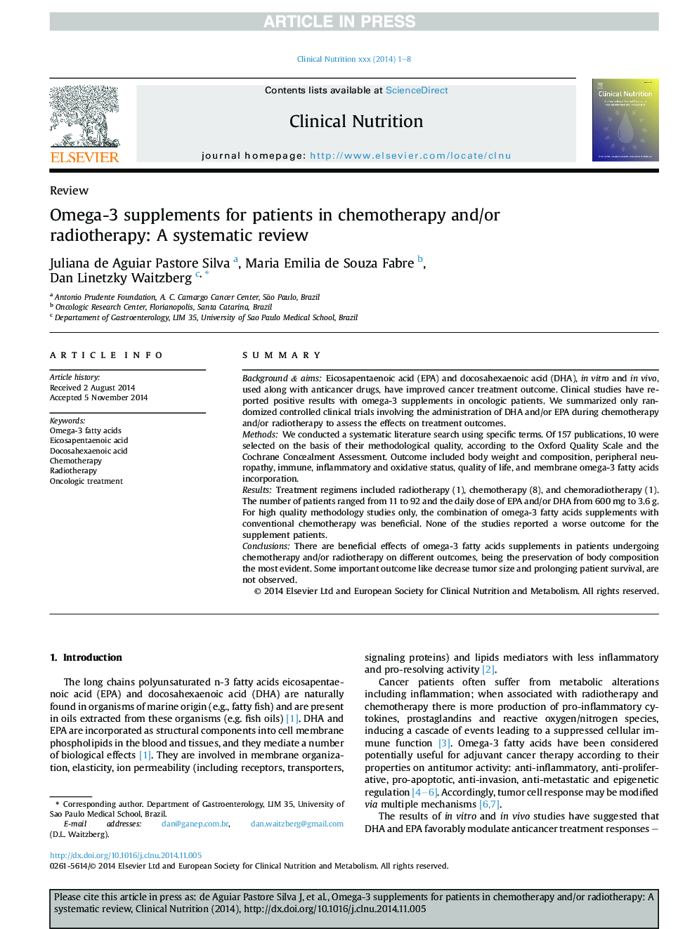 مکمل های امگا 3 برای بیماران در شیمی درمانی و / یا پرتودرمانی: بررسی سیستماتیک 