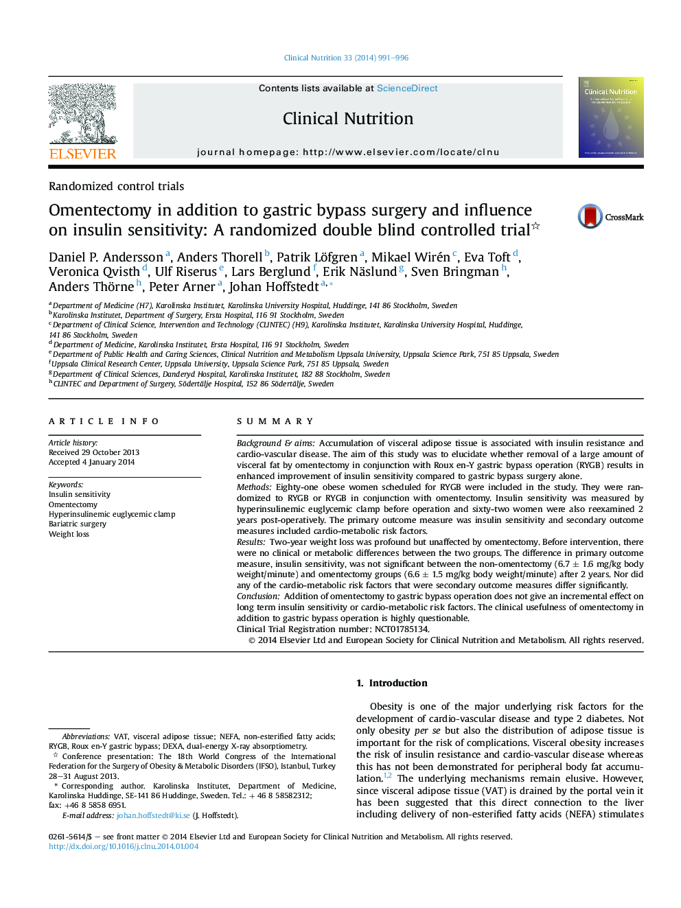 Randomized control trialsOmentectomy in addition to gastric bypass surgery and influence on insulin sensitivity: A randomized double blind controlled trial