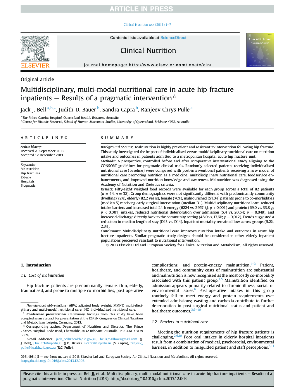 Multidisciplinary, multi-modal nutritional care in acute hip fracture inpatients - Results of a pragmatic intervention