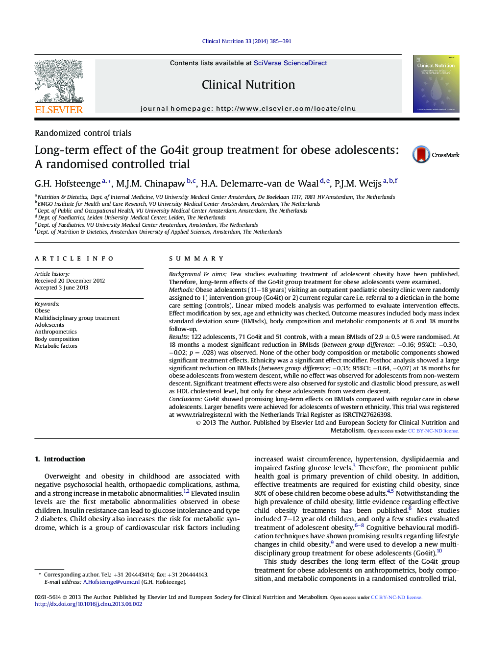 Randomized control trialsLong-term effect of the Go4it group treatment for obese adolescents: A randomised controlled trial