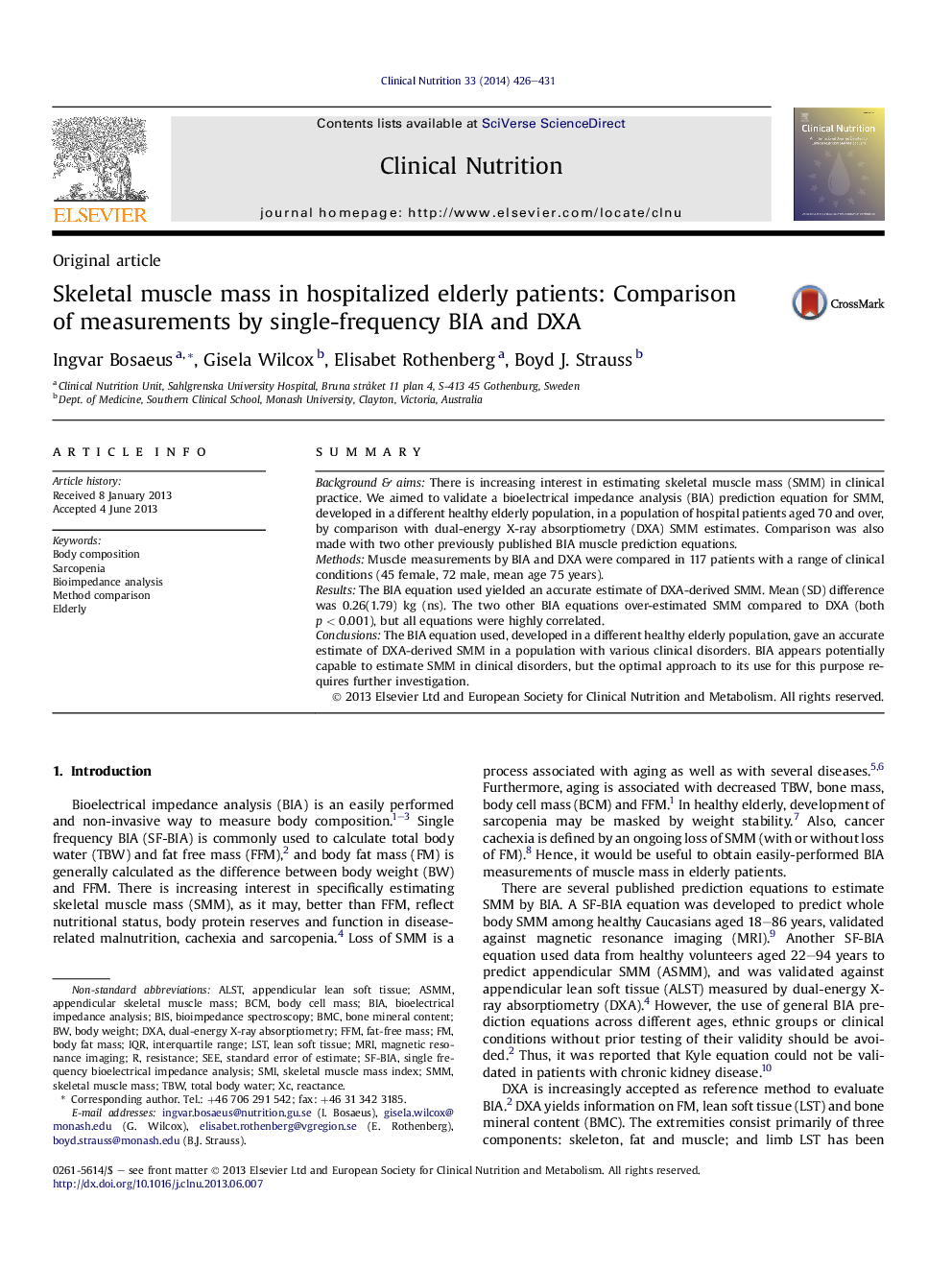 Original articleSkeletal muscle mass in hospitalized elderly patients: Comparison of measurements by single-frequency BIA and DXA