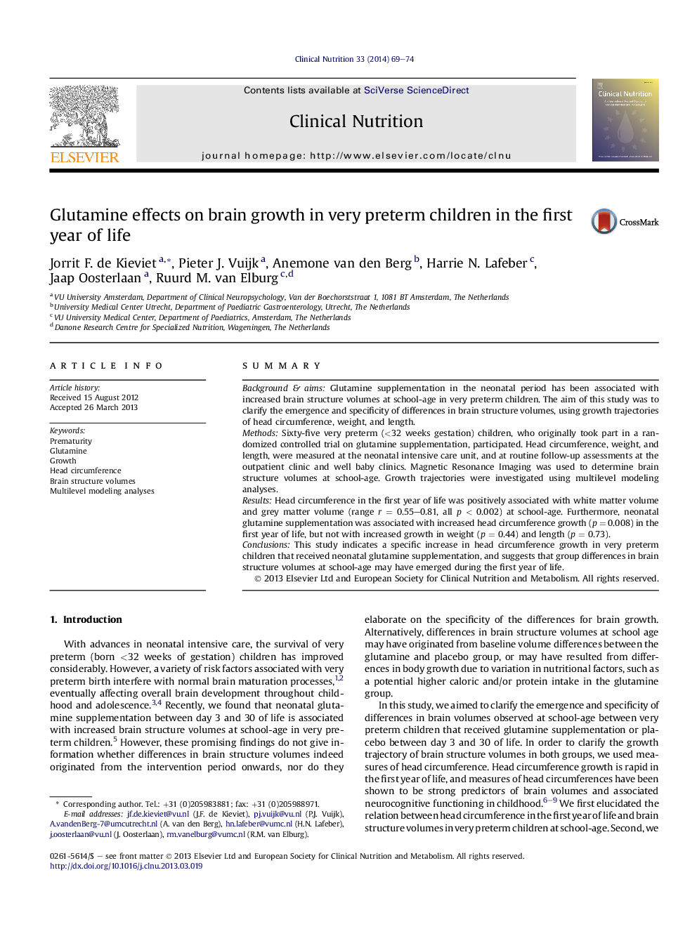 Glutamine effects on brain growth in very preterm children in the first year of life