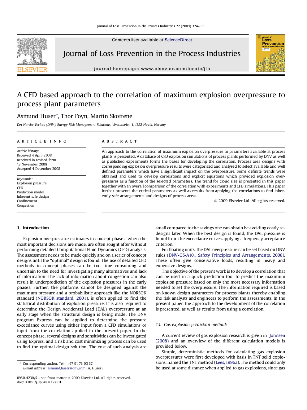 A CFD based approach to the correlation of maximum explosion overpressure to process plant parameters