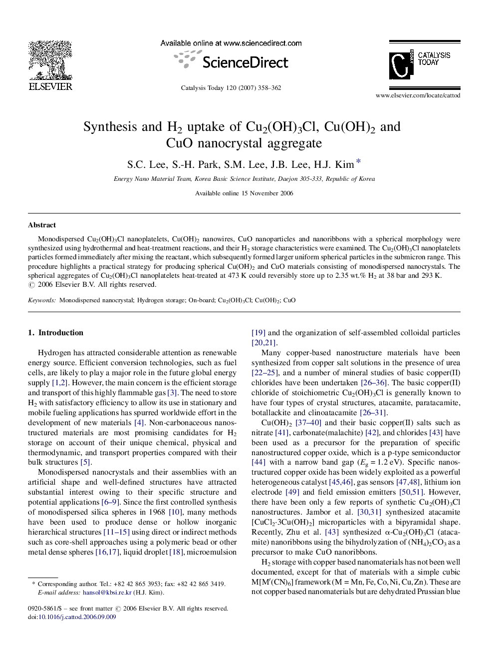 Synthesis and H2 uptake of Cu2(OH)3Cl, Cu(OH)2 and CuO nanocrystal aggregate