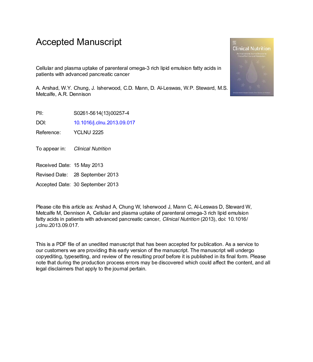 Cellular and plasma uptake of parenteral omega-3 rich lipid emulsion fatty acids in patients with advanced pancreatic cancer