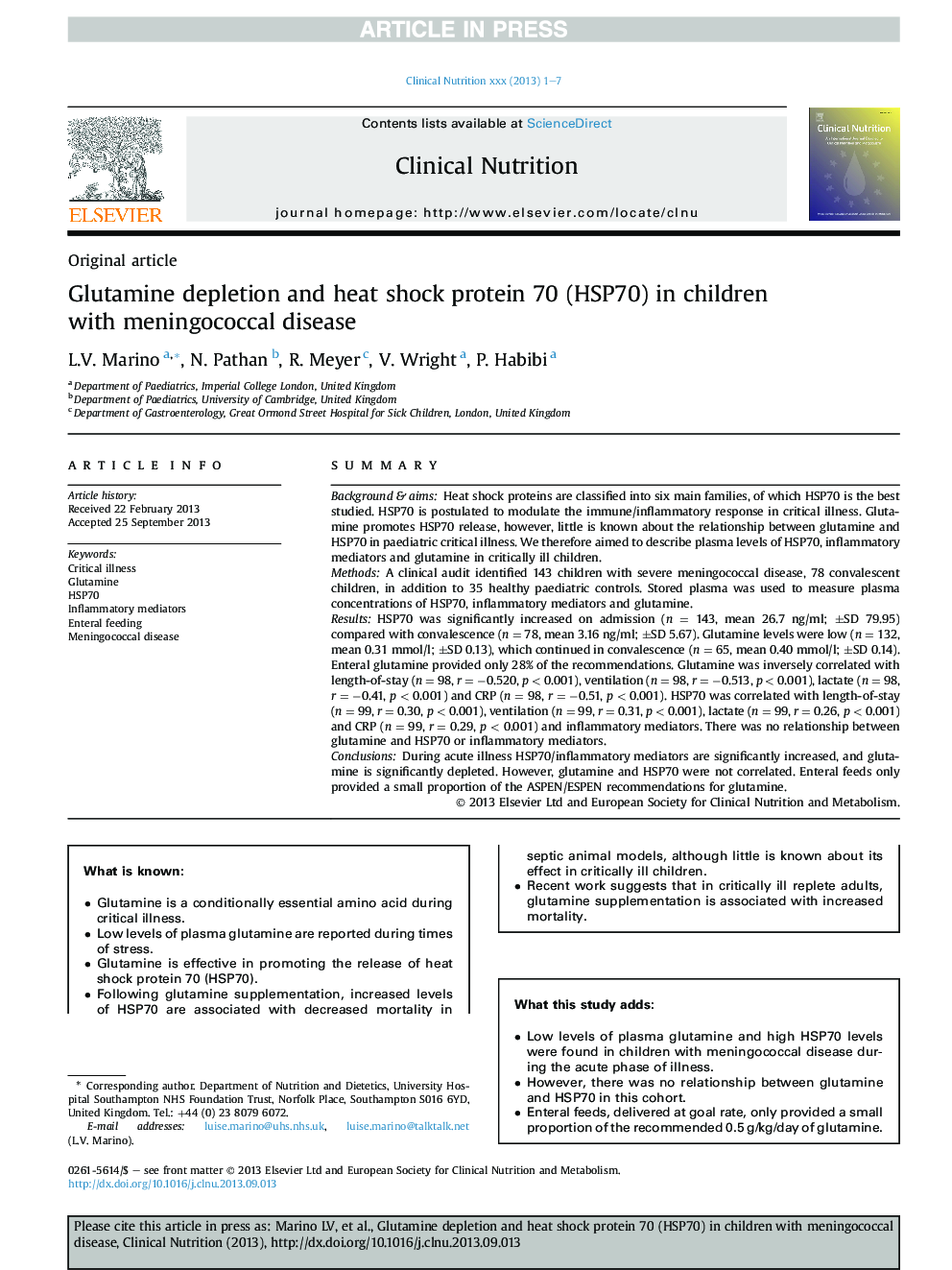 Glutamine depletion and heat shock protein 70 (HSP70) in children with meningococcal disease