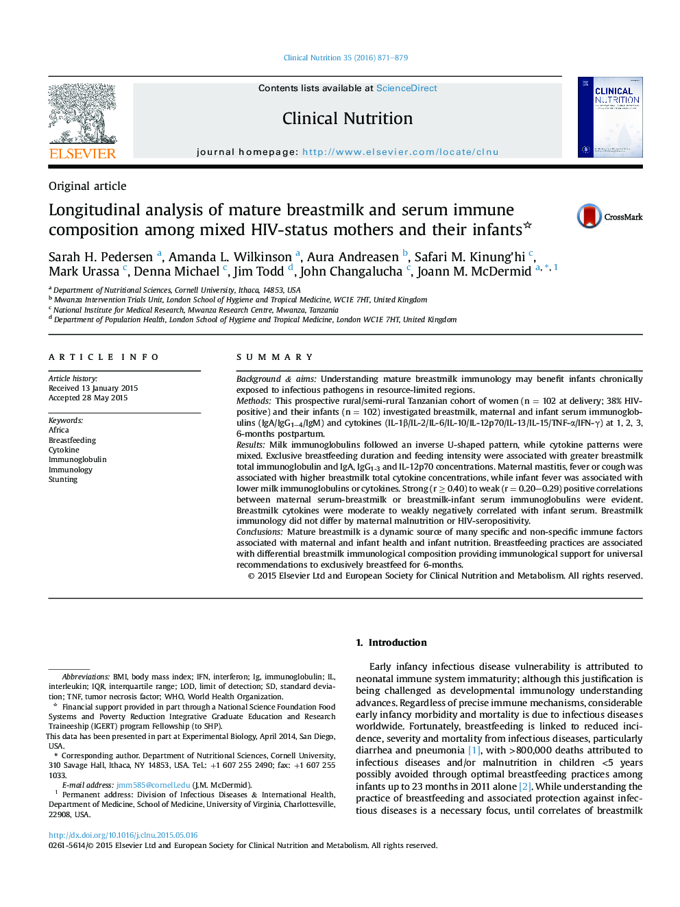 Original articleLongitudinal analysis of mature breastmilk and serum immune composition among mixed HIV-status mothers and their infants