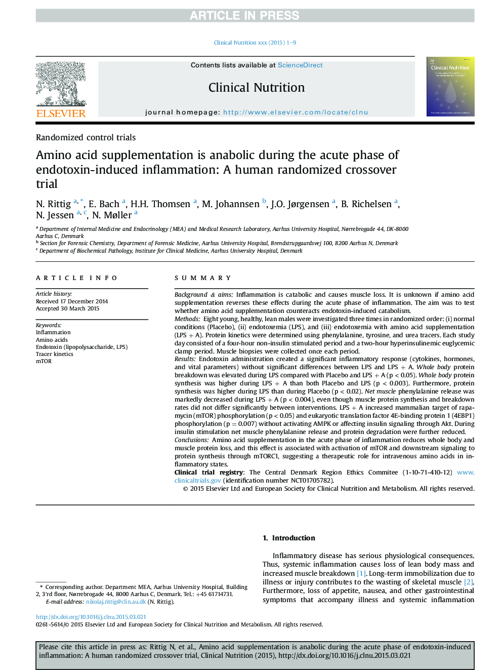 Amino acid supplementation is anabolic during the acute phase of endotoxin-induced inflammation: A human randomized crossover trial