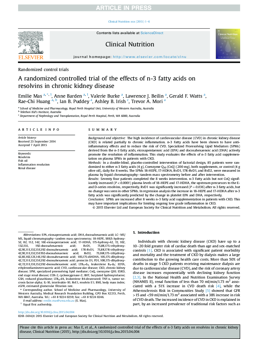 A randomized controlled trial of the effects of n-3 fatty acids on resolvins in chronic kidney disease