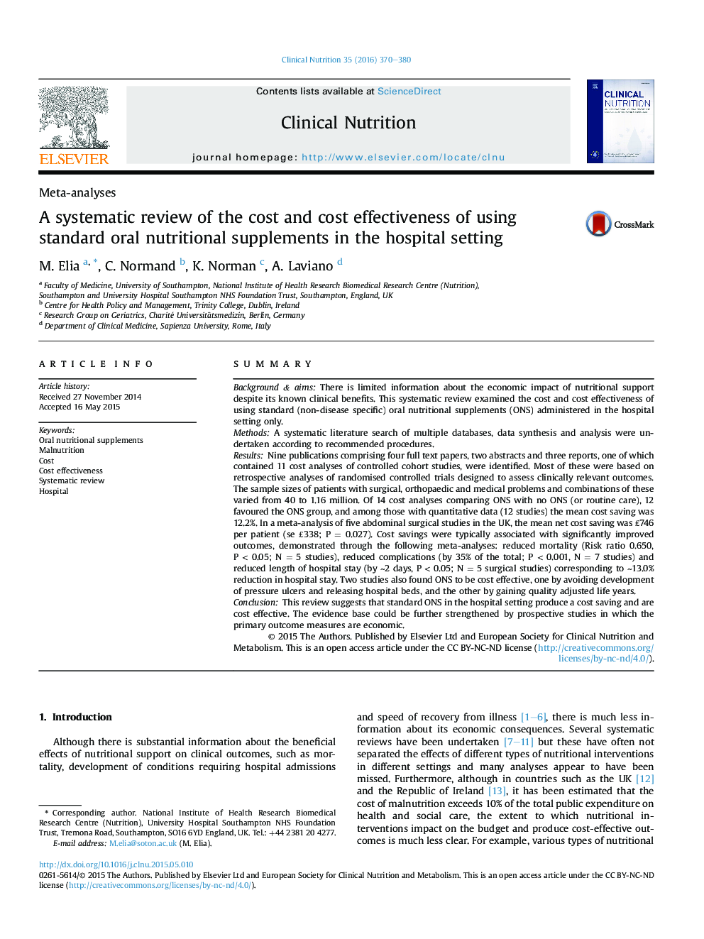 A systematic review of the cost and cost effectiveness of using standard oral nutritional supplements in the hospital setting