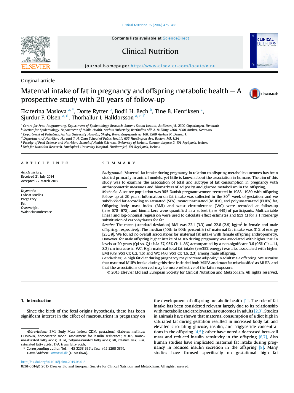 Original articleMaternal intake of fat in pregnancy and offspring metabolic health - A prospective study with 20 years of follow-up