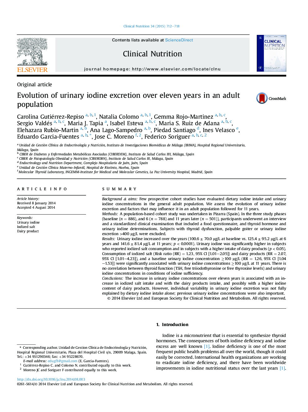 Evolution of urinary iodine excretion over eleven years in an adult population