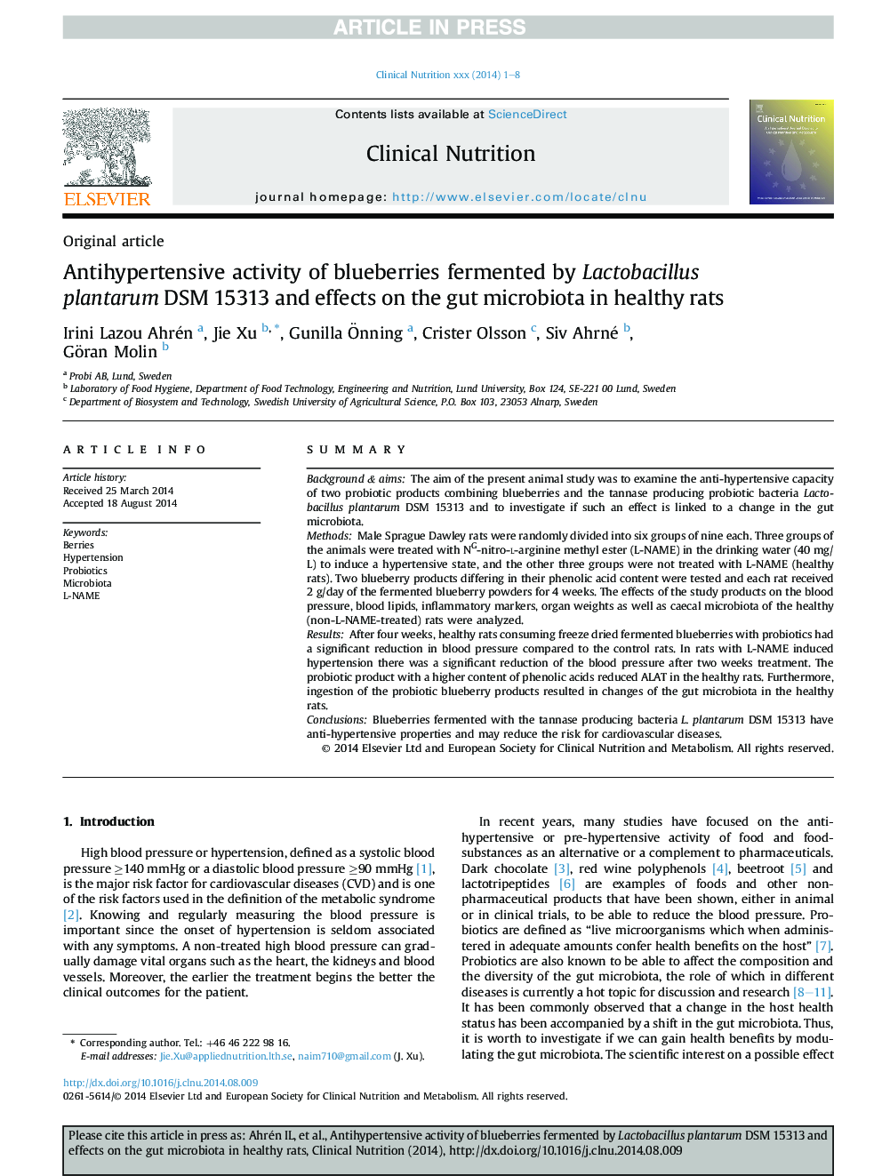 Antihypertensive activity of blueberries fermented by Lactobacillus plantarum DSM 15313 and effects on the gut microbiota in healthy rats