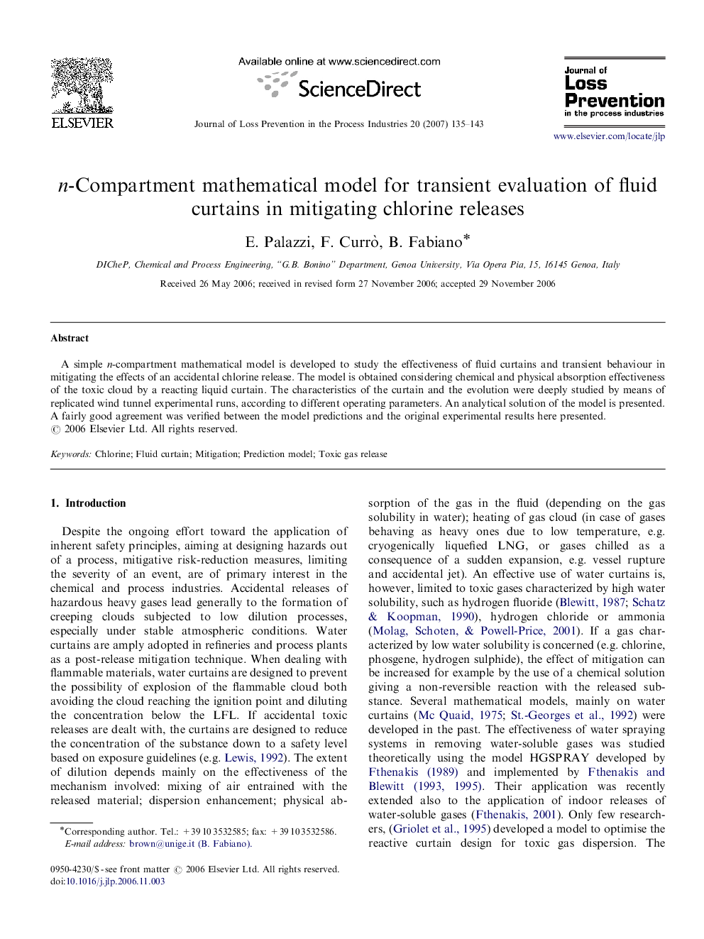 n-Compartment mathematical model for transient evaluation of fluid curtains in mitigating chlorine releases