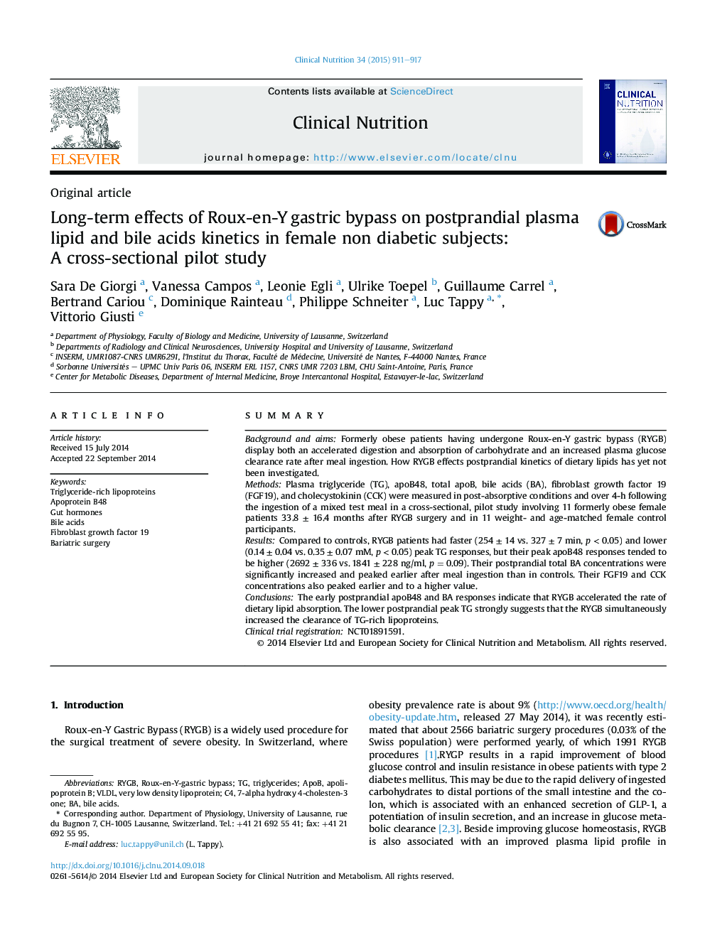 Original articleLong-term effects of Roux-en-Y gastric bypass on postprandial plasma lipid and bile acids kinetics in female non diabetic subjects: A cross-sectional pilot study