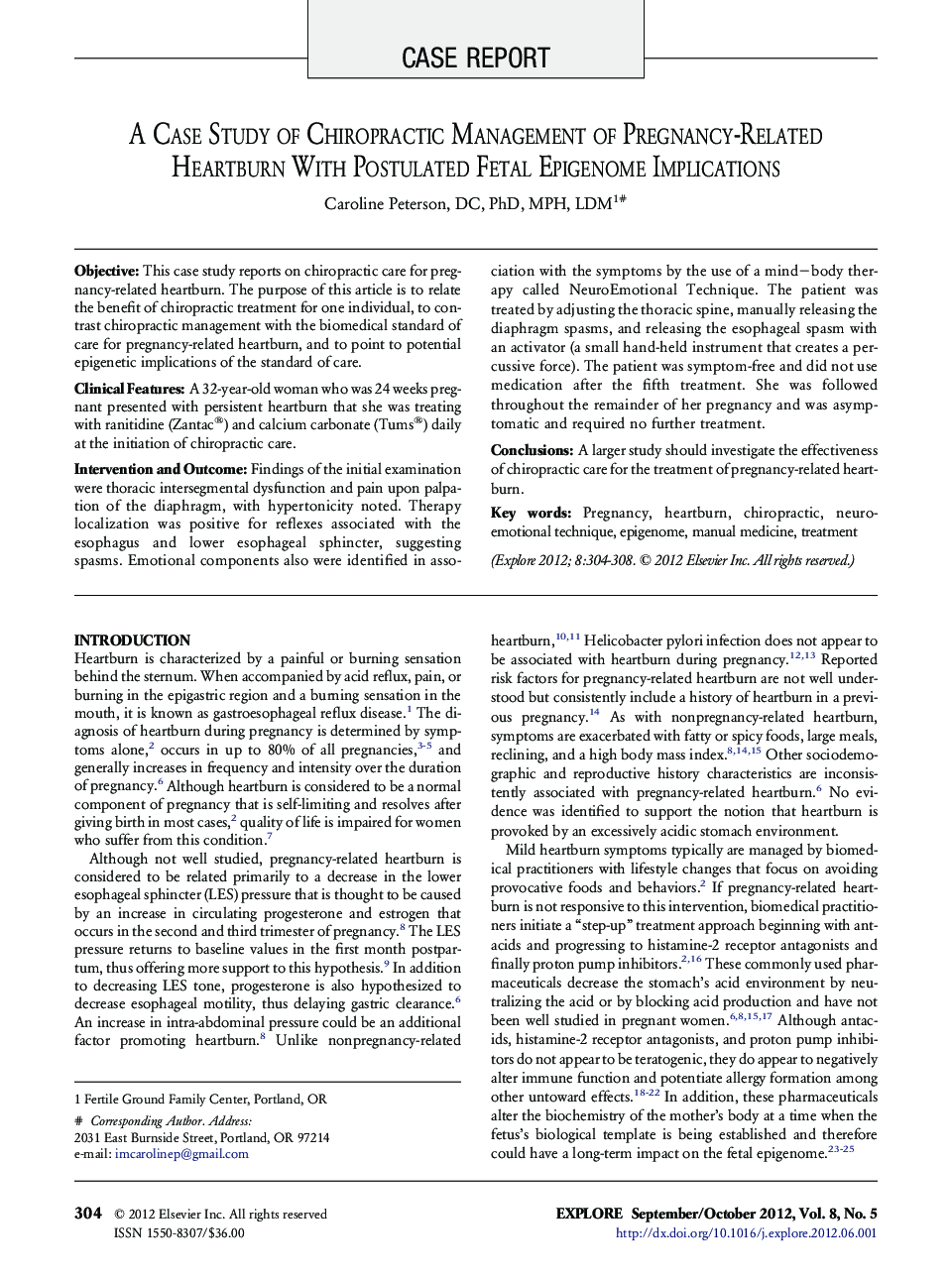 A Case Study of Chiropractic Management of Pregnancy-Related Heartburn With Postulated Fetal Epigenome Implications