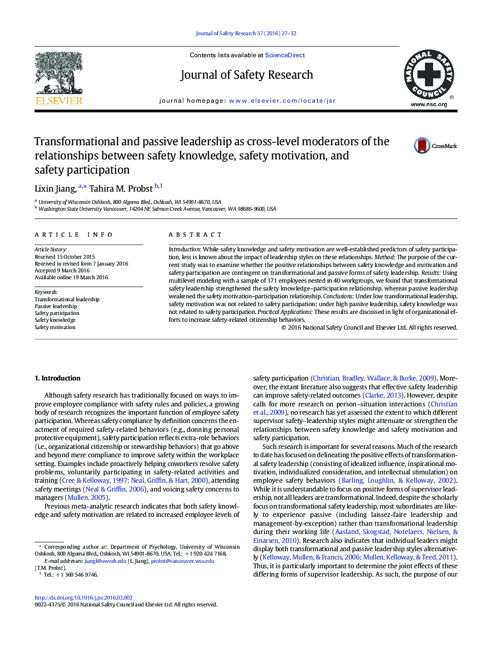 Transformational and passive leadership as cross-level moderators of the relationships between safety knowledge, safety motivation, and safety participation