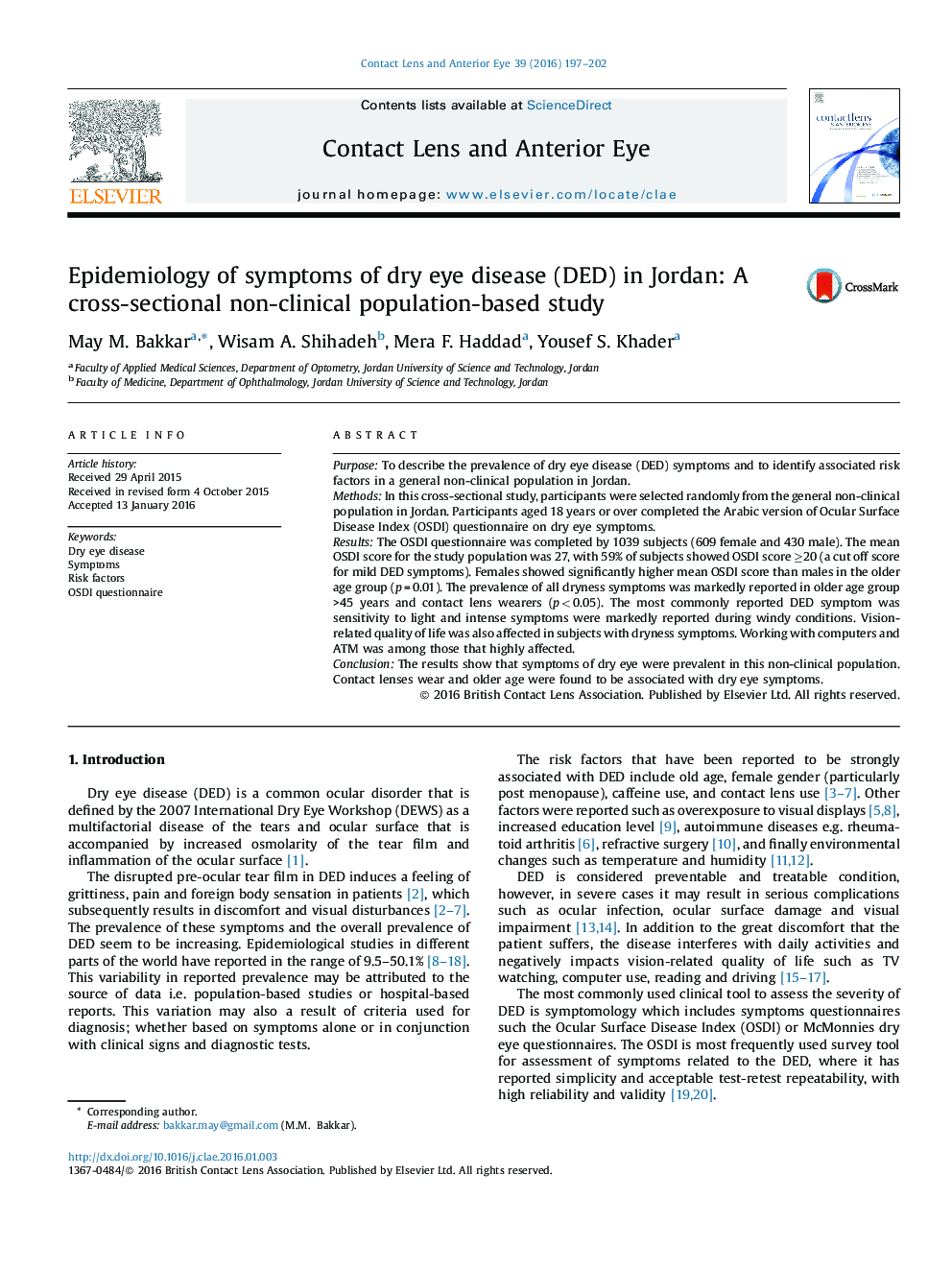 Epidemiology of symptoms of dry eye disease (DED) in Jordan: A cross-sectional non-clinical population-based study