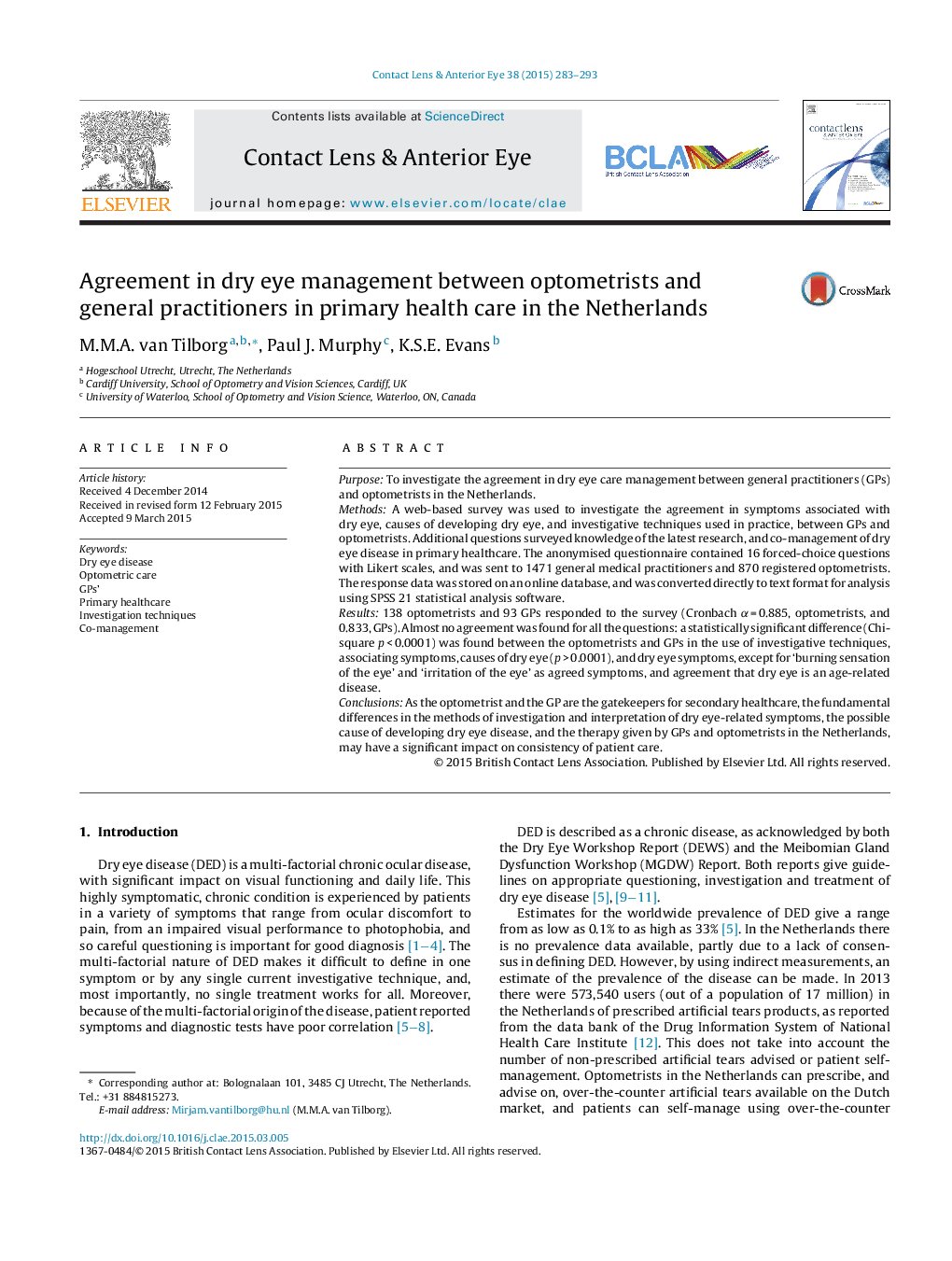 Agreement in dry eye management between optometrists and general practitioners in primary health care in the Netherlands