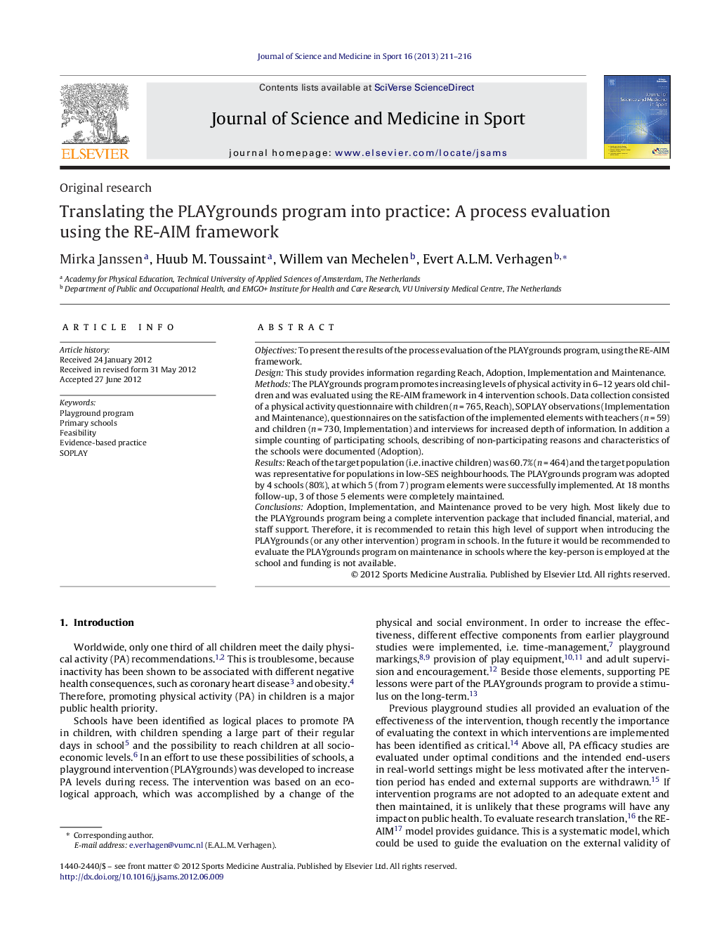 Translating the PLAYgrounds program into practice: A process evaluation using the RE-AIM framework