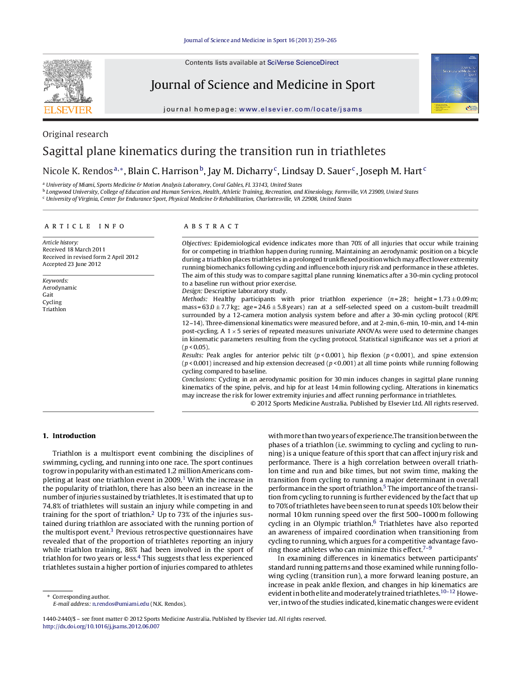 Sagittal plane kinematics during the transition run in triathletes