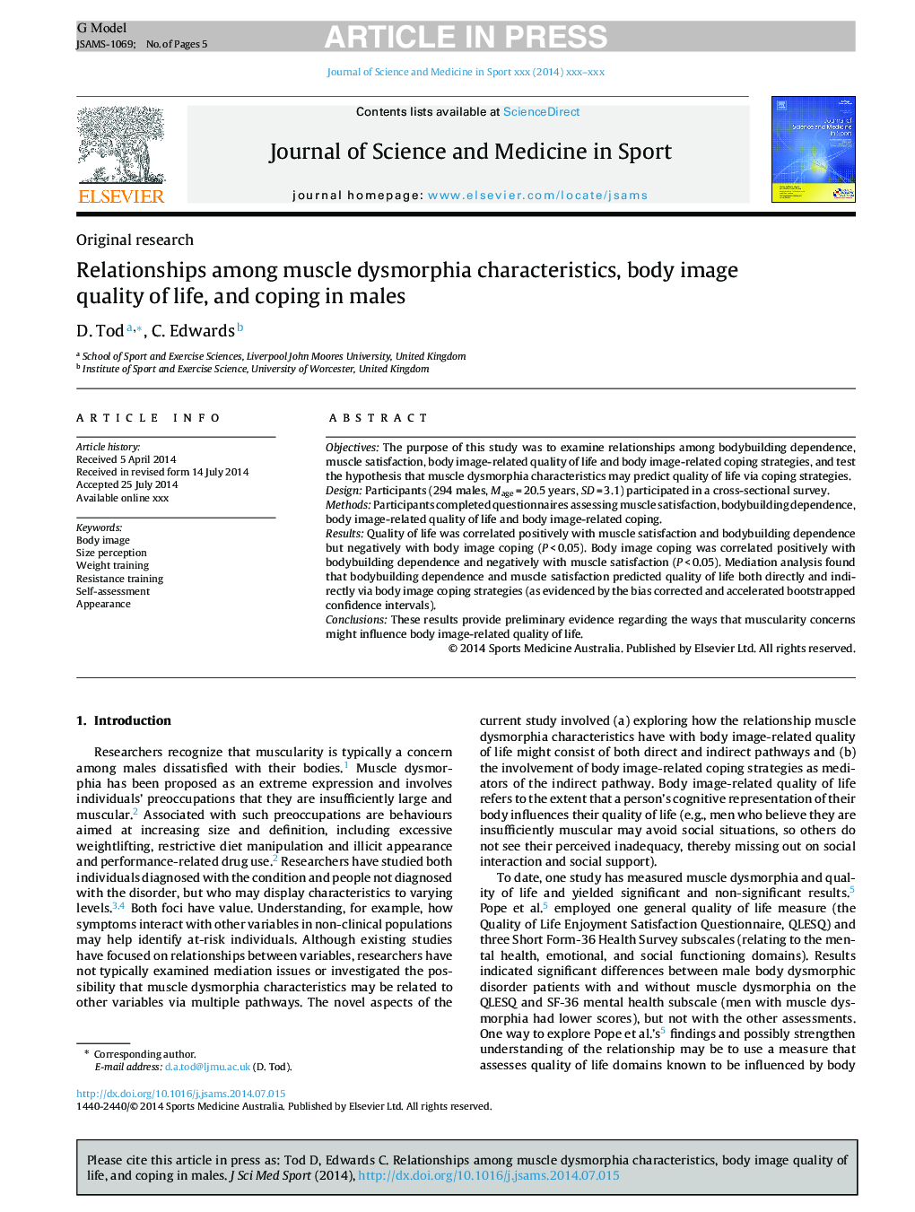 Relationships among muscle dysmorphia characteristics, body image quality of life, and coping in males