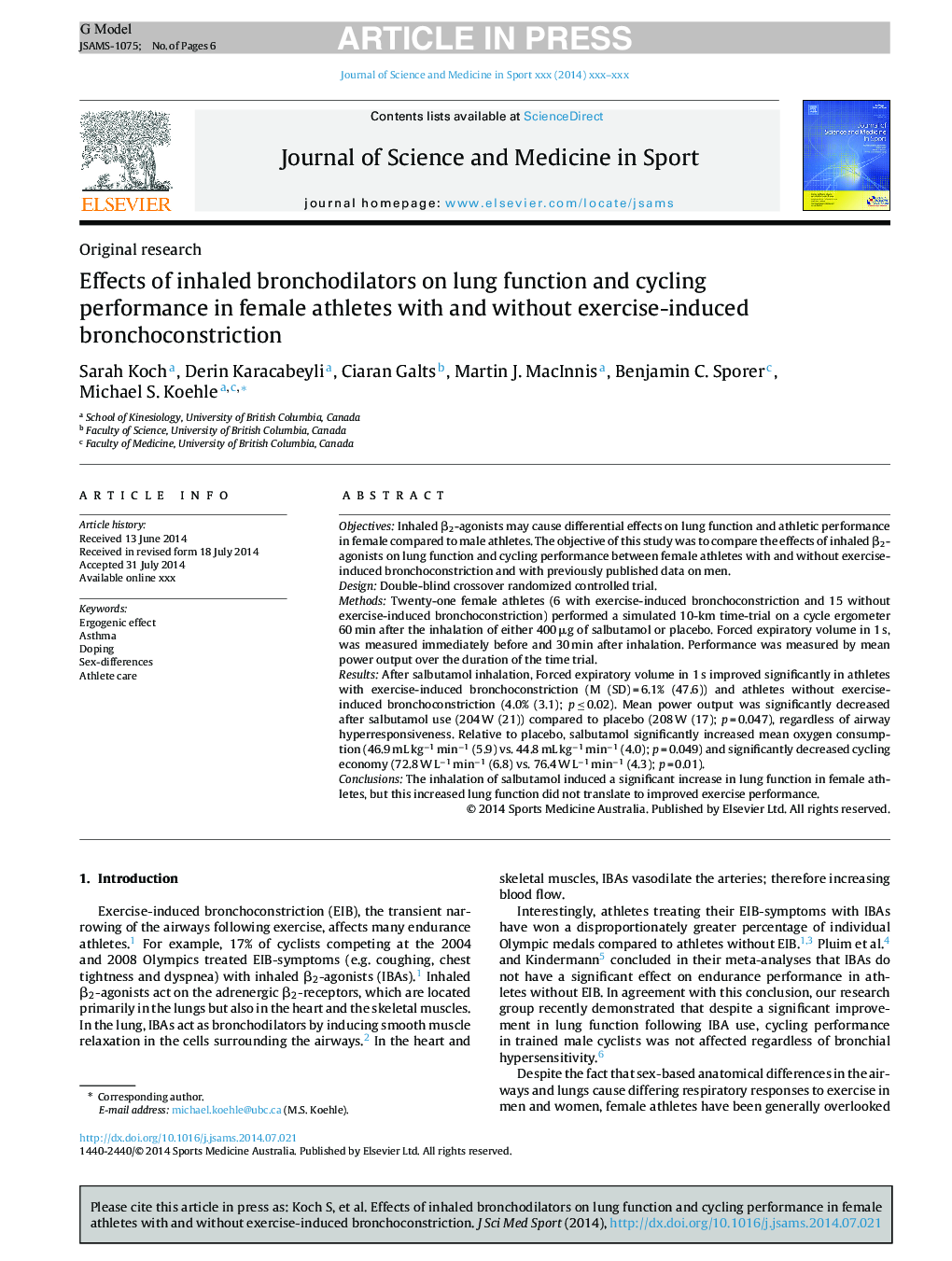 Effects of inhaled bronchodilators on lung function and cycling performance in female athletes with and without exercise-induced bronchoconstriction