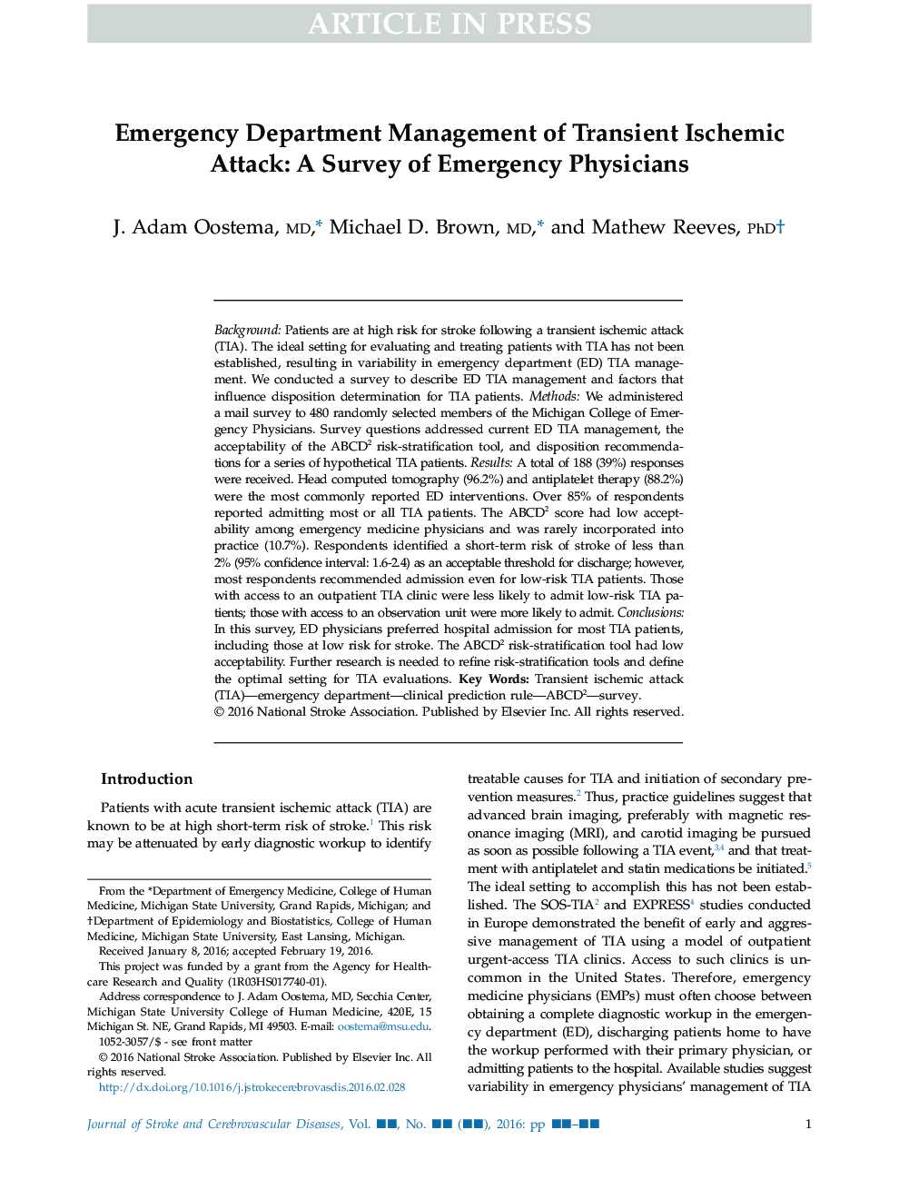 Emergency Department Management of Transient Ischemic Attack: A Survey of Emergency Physicians