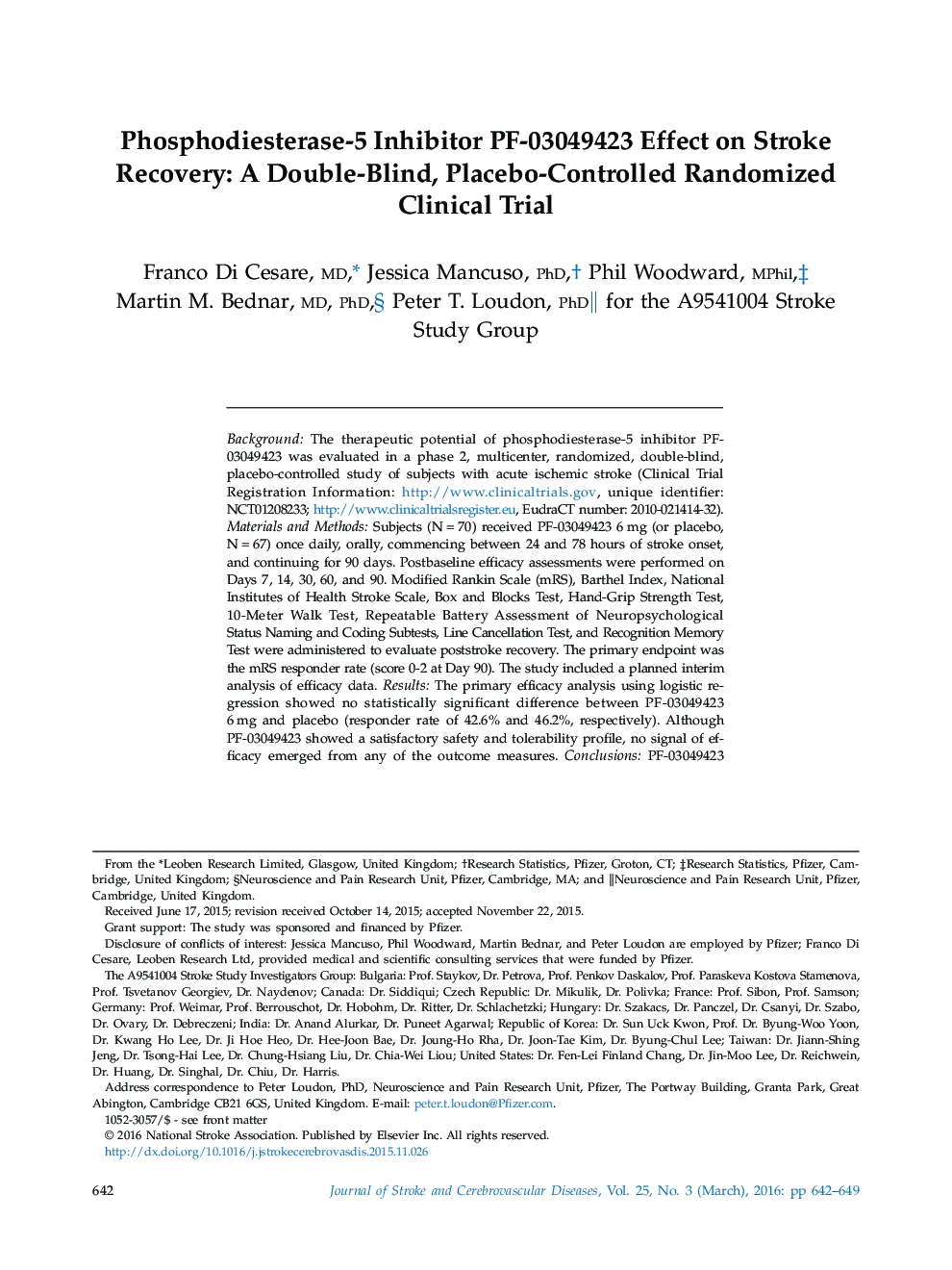 Phosphodiesterase-5 Inhibitor PF-03049423 Effect on Stroke Recovery: A Double-Blind, Placebo-Controlled Randomized Clinical Trial