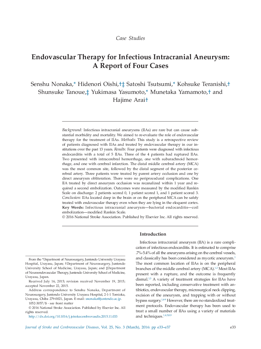 Endovascular Therapy for Infectious Intracranial Aneurysm: A Report of Four Cases