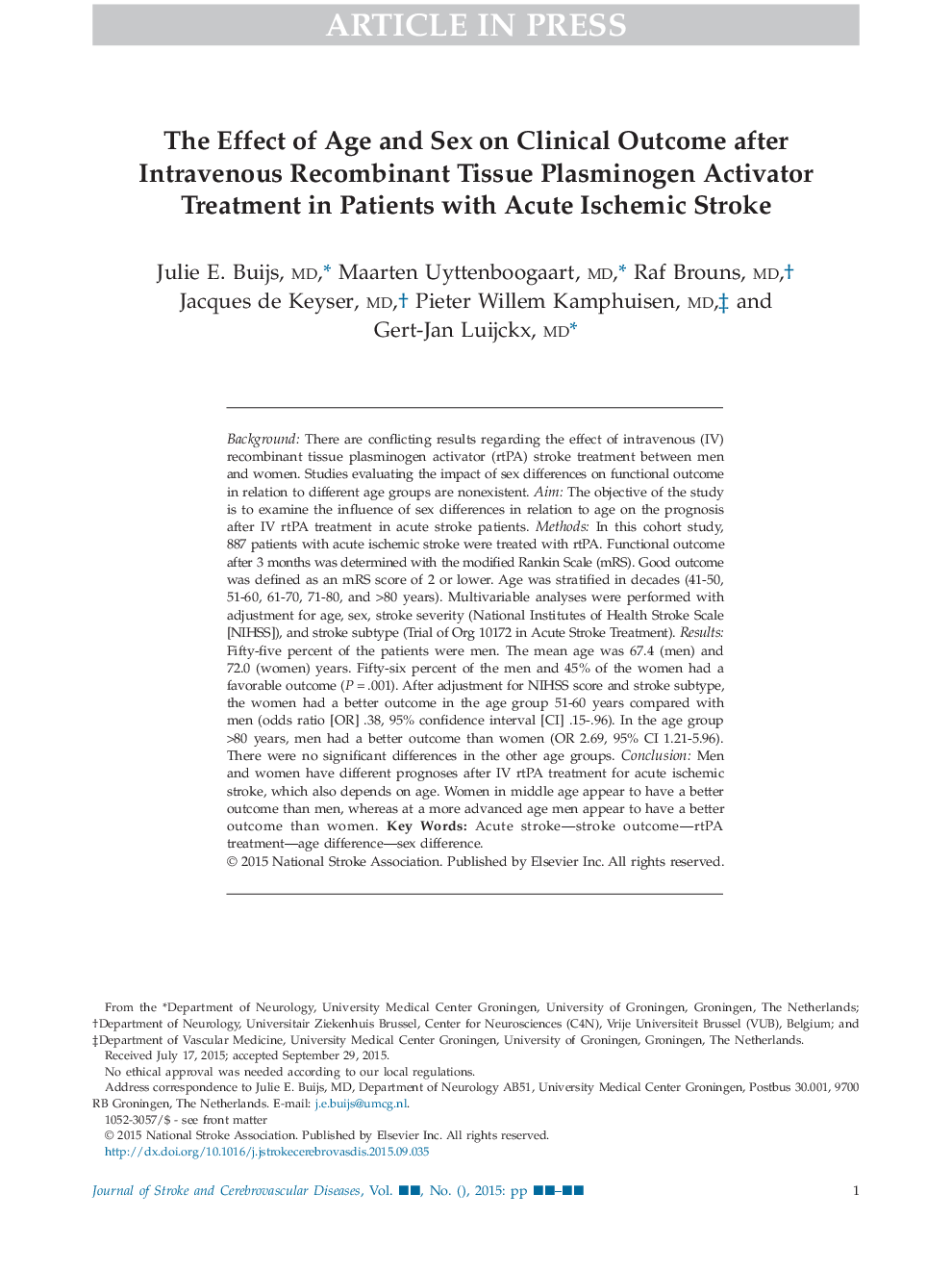 The Effect of Age and Sex on Clinical Outcome after Intravenous Recombinant Tissue Plasminogen Activator Treatment in Patients with Acute Ischemic Stroke