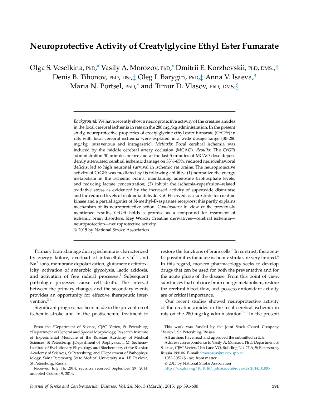 Original ArticleNeuroprotective Activity of Creatylglycine Ethyl Ester Fumarate