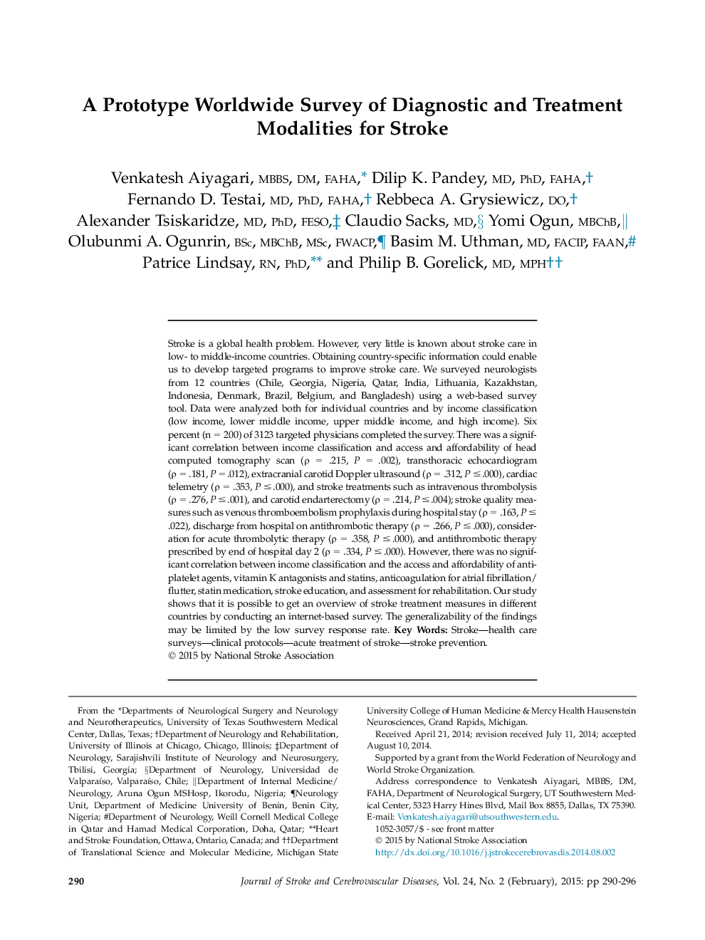 A Prototype Worldwide Survey of Diagnostic and Treatment Modalities for Stroke