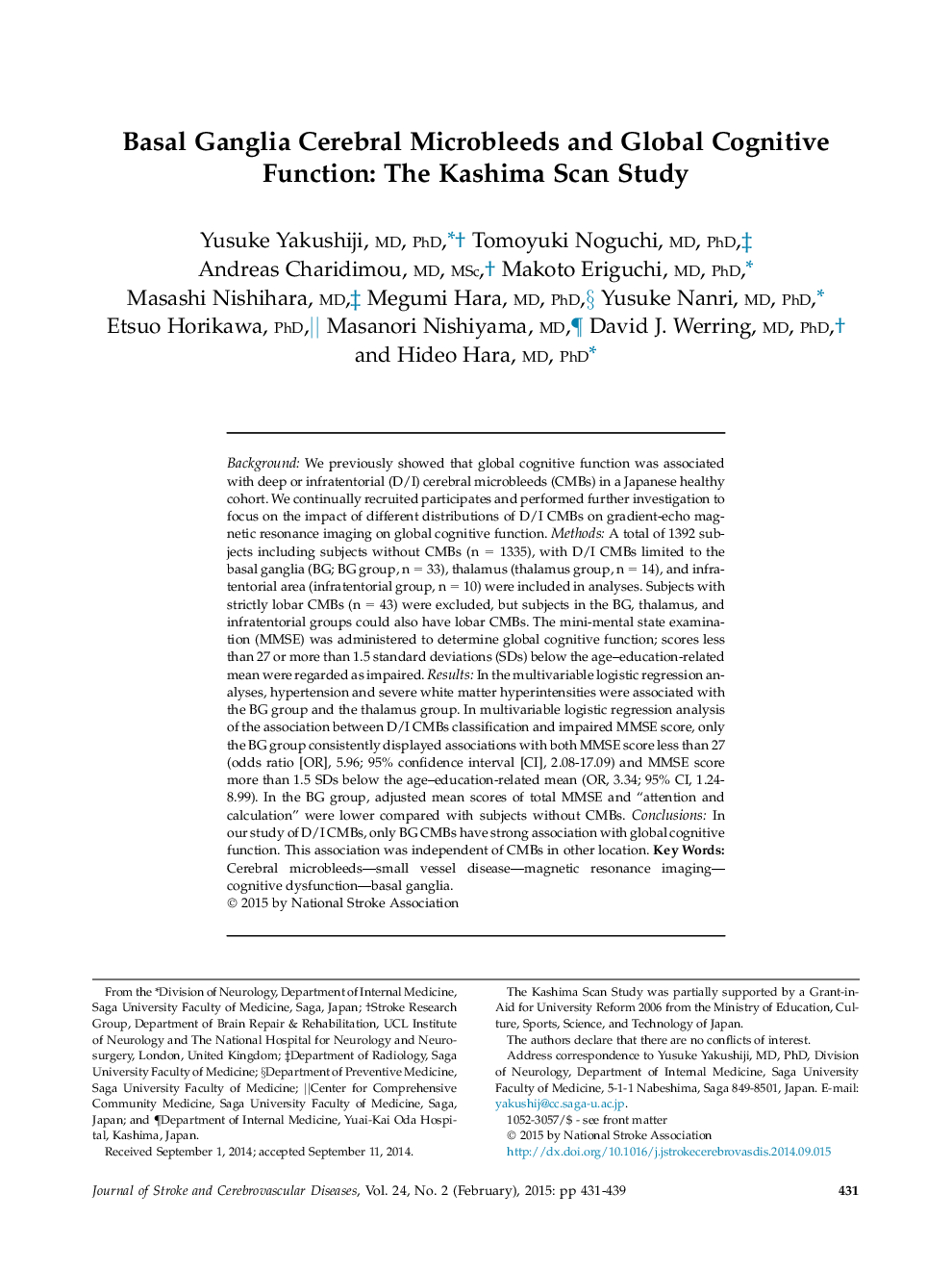 Original ArticleBasal Ganglia Cerebral Microbleeds and Global Cognitive Function: The Kashima Scan Study