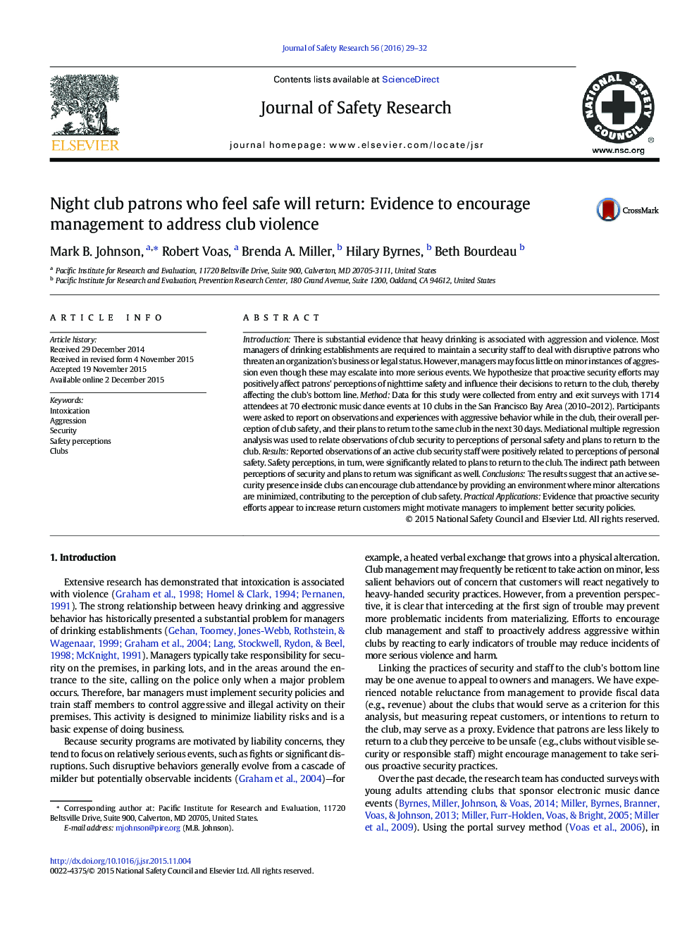 Night club patrons who feel safe will return: Evidence to encourage management to address club violence