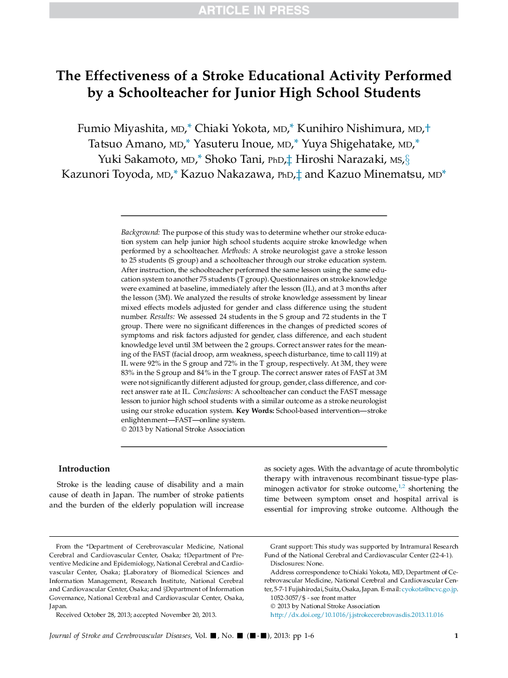 The Effectiveness of a Stroke Educational Activity Performed by a Schoolteacher for Junior High School Students