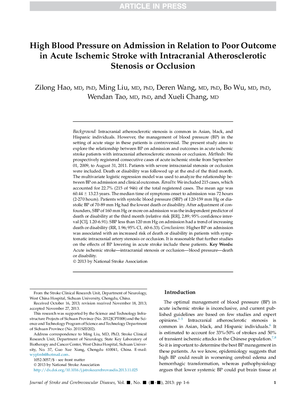 فشار خون بالا در پذیرش در ارتباط با نتیجه ضعیف در سکته ایسکمیک حاد با استراحت آترواسکلروتیک داخل عضلانی یا انسداد 