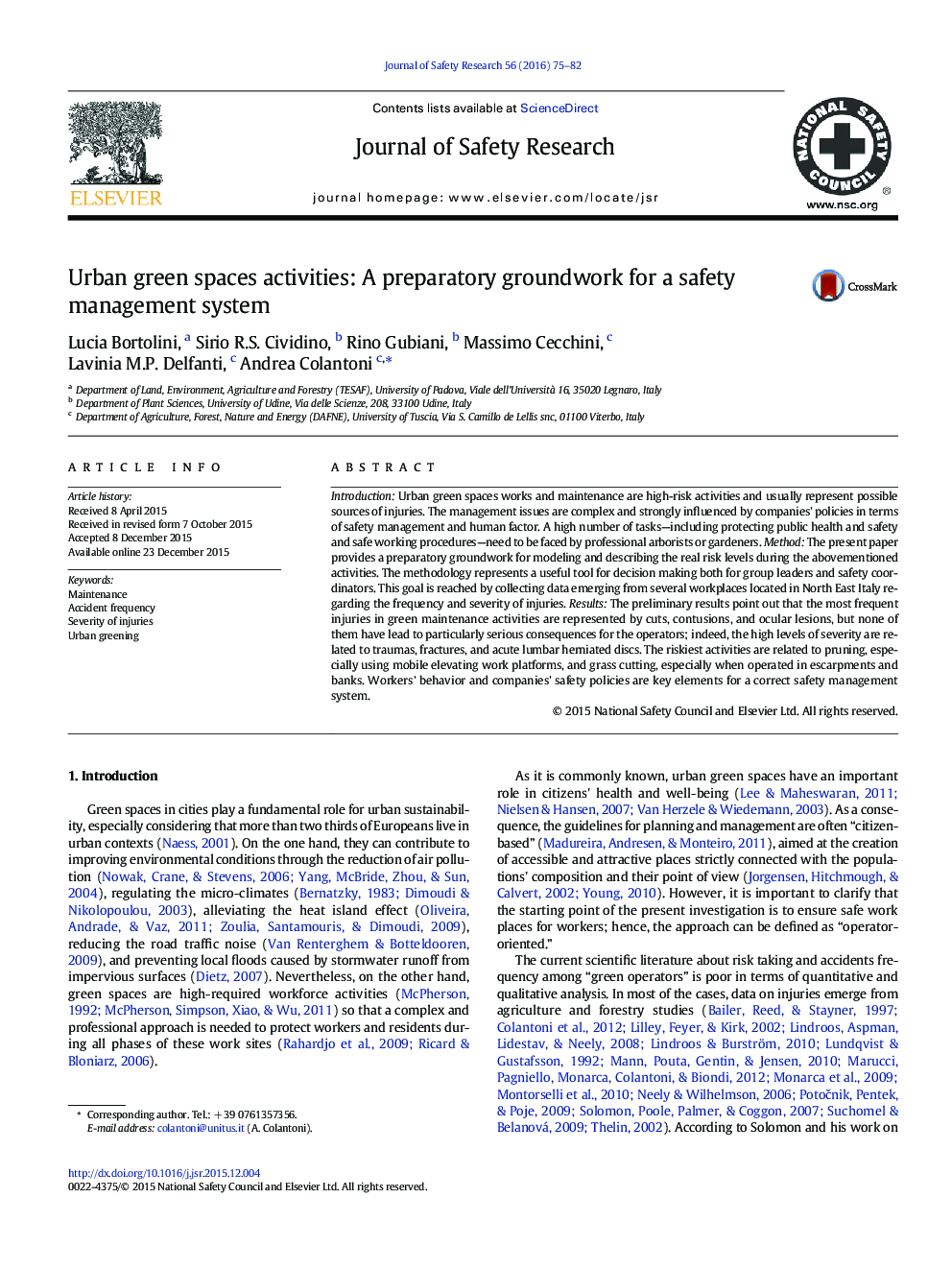 Urban green spaces activities: A preparatory groundwork for a safety management system