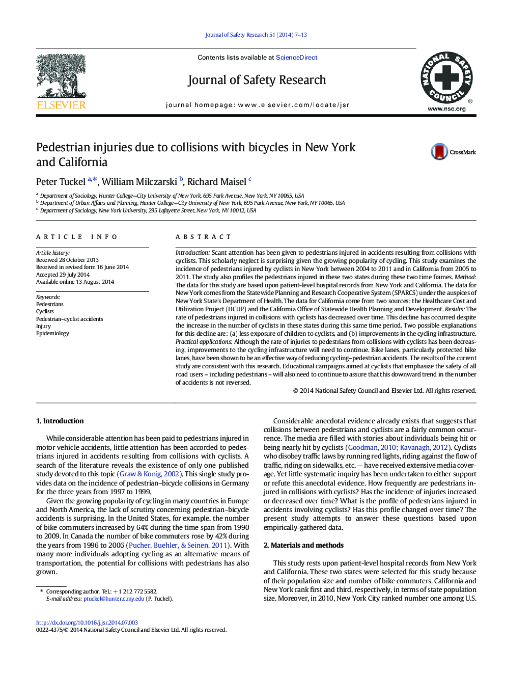 Pedestrian injuries due to collisions with bicycles in New York and California