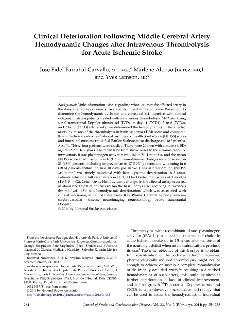 سقط جنین اصلی پس از تغییرات همودینامیک عروق مغزی میانی بعد از ترومبولیز وریدی در سکته مغزی ایسکمیک حاد 