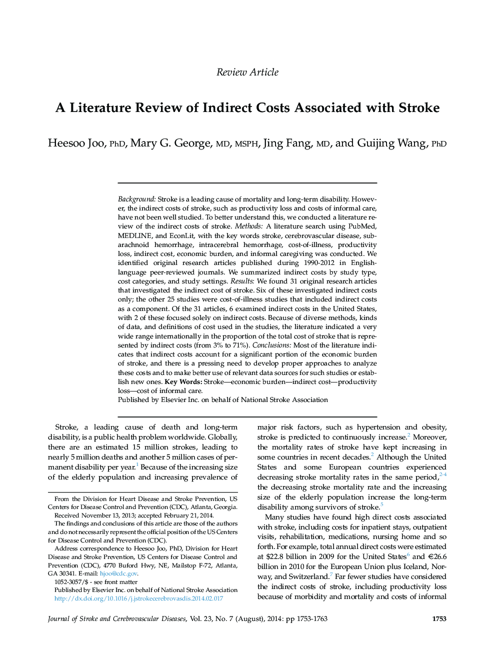 A Literature Review of Indirect Costs Associated with Stroke
