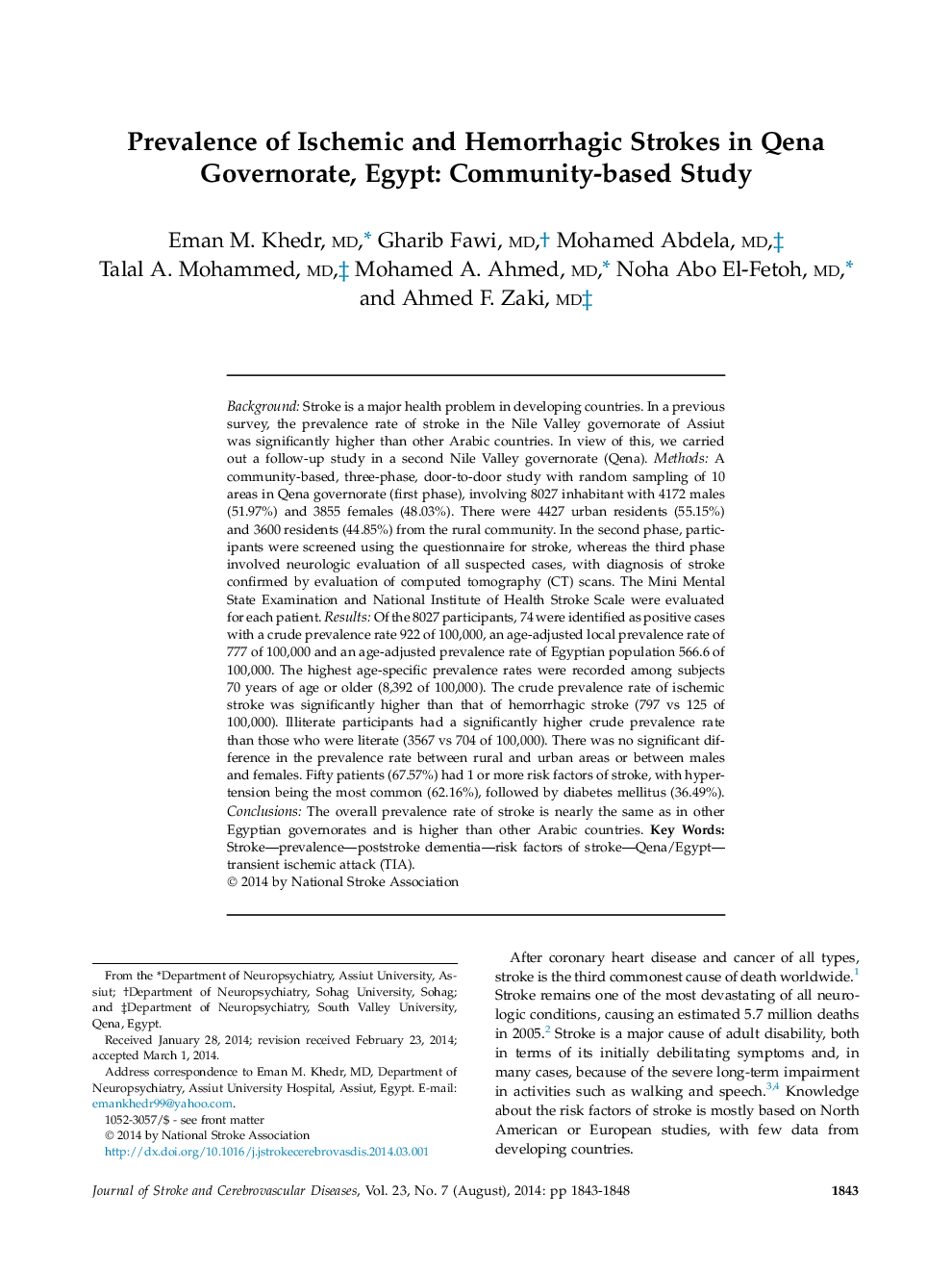 Prevalence of Ischemic and Hemorrhagic Strokes in Qena Governorate, Egypt: Community-based Study