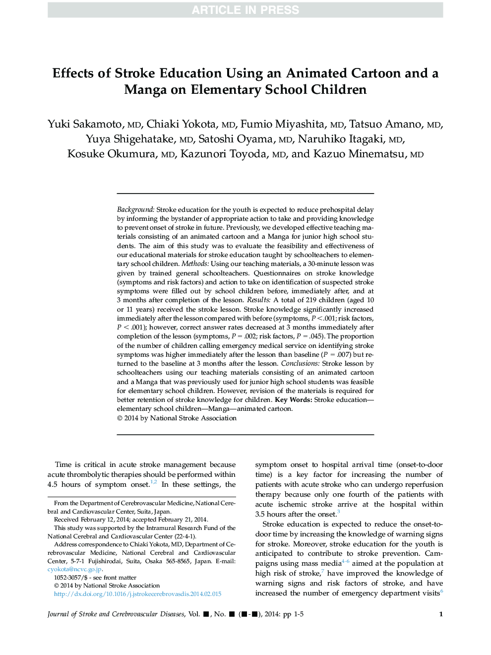 Effects of Stroke Education Using an Animated Cartoon and a Manga on Elementary School Children