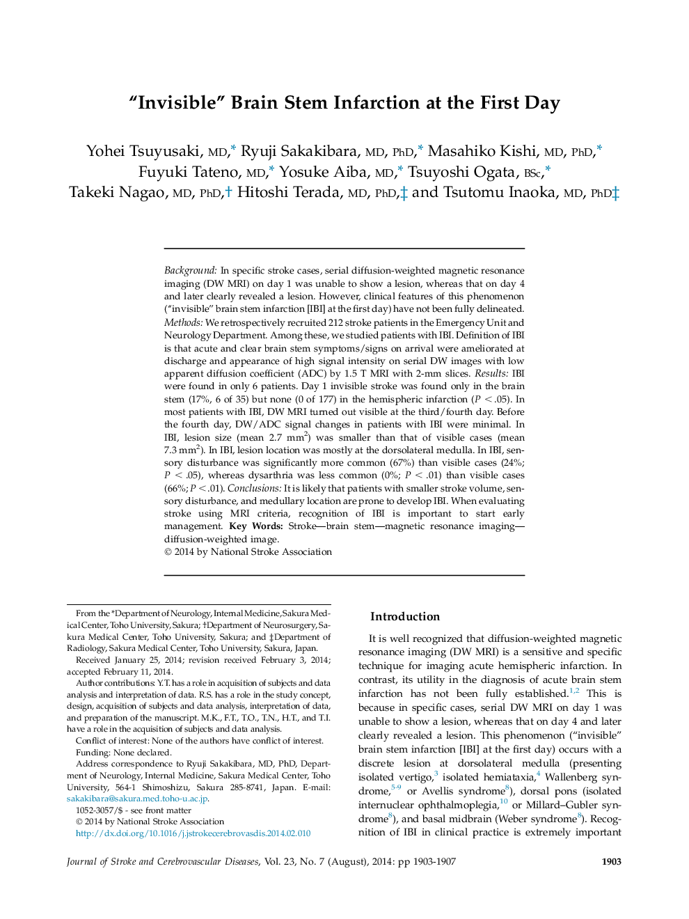 Original Article“Invisible” Brain Stem Infarction at the First Day