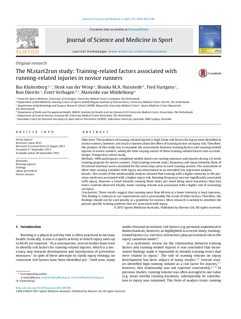 Original researchThe NLstart2run study: Training-related factors associated with running-related injuries in novice runners