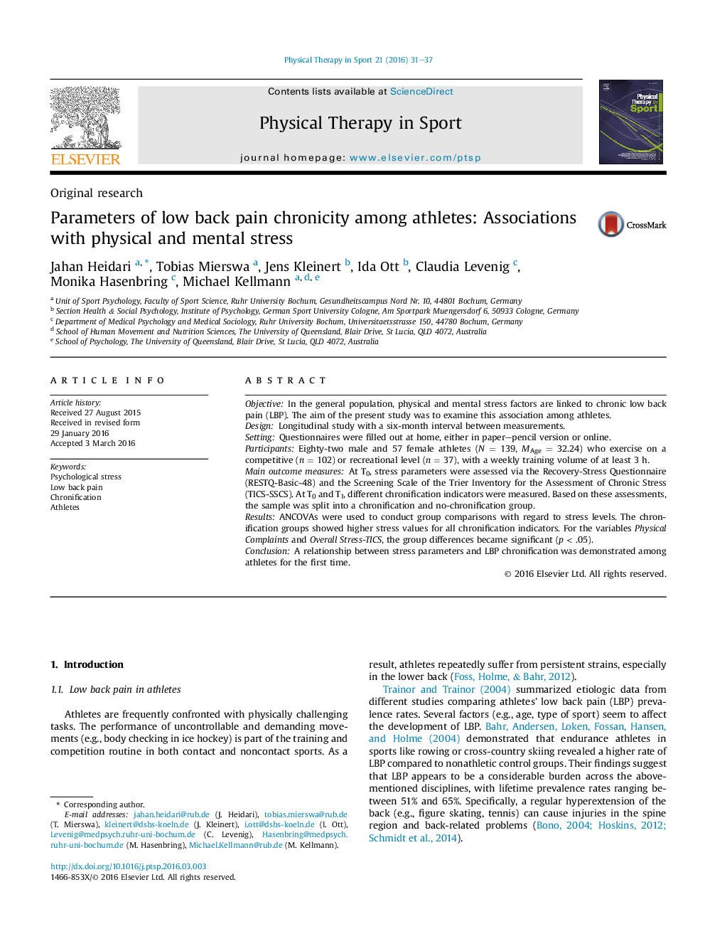 Original researchParameters of low back pain chronicity among athletes: Associations with physical and mental stress